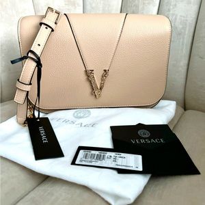 Versace Grained Calfskin Virtus Shoulder Bag Beige